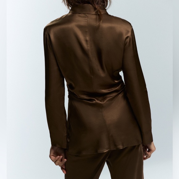 Zara satin Brown ruched side long sleeve button front collared blouse shirt - Picture 6 of 14